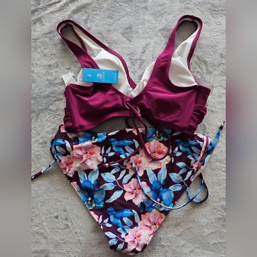 36.🆕XL Wrapped Tank Bikini Top, Lace-up Back & Floral Bikini Bottom NWT - Picture 3 of 5